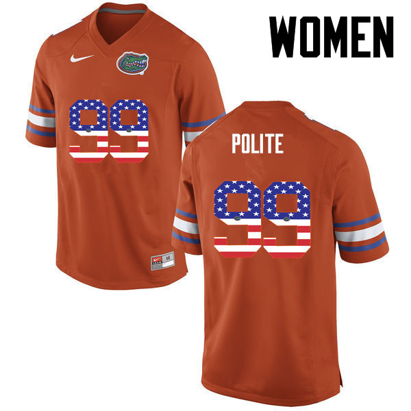 Women Florida Gators #99 Jachai Polite College Football USA Flag Fashion Jerseys-Orange - Click Image to Close